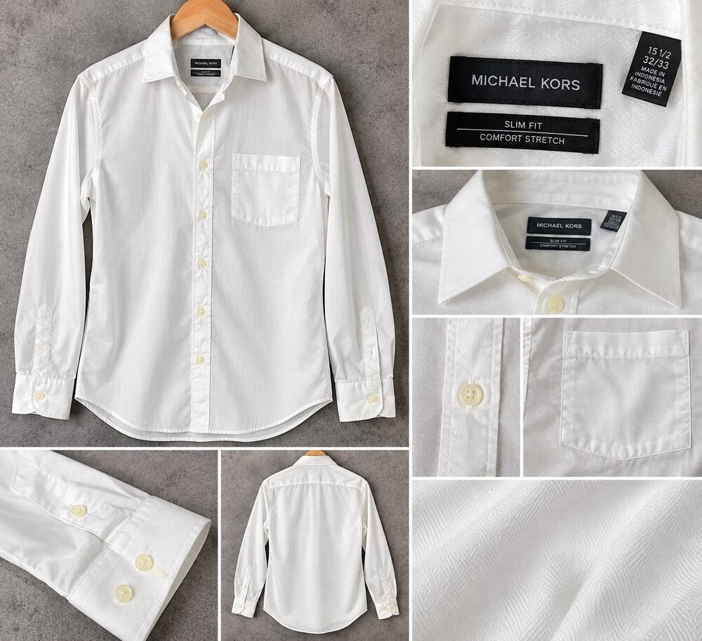 Michael Kors Men’s White Slim Fit Comfort Stretch Dress Shirt 15½ 32/33